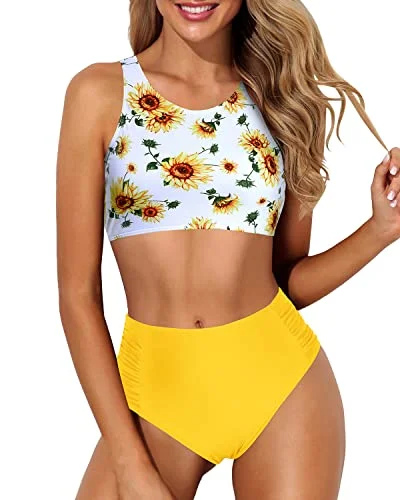 Sporty Racerback Bathing Suit Crop Top And Bottom For Women-Sunflower Trendy Women's Oversized Sporty Racerback Bathing Suit Crop Top And Bottom For Women-Sunflower Trendy Women's Oversized