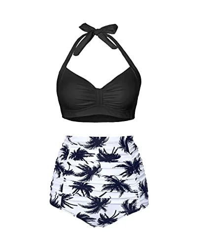 Retro 50S Sweetheart Neckline High Waisted Bikini Set-Black Palm Tree Hip Women's Urban Retro 50S Sweetheart Neckline High Waisted Bikini Set-Black Palm Tree Hip Women's Urban