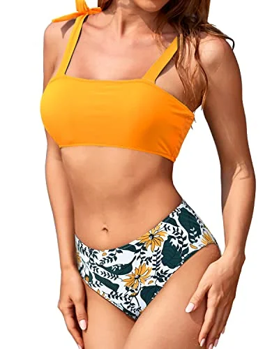 Bandeau Swimsuit Set With High Cut Bottoms For Teen Girls And Juniors-Yellow Floral Australian Beach Bandeau Swimsuit Set With High Cut Bottoms For Teen Girls And Juniors-Yellow Floral Australian Beach