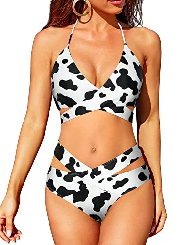 Crossed V Shaped Waist 2 Piece High Waisted Bikini Set-Black And White Cow Pattern Modern Women's Crossed V Shaped Waist 2 Piece High Waisted Bikini Set-Black And White Cow Pattern Modern Women's
