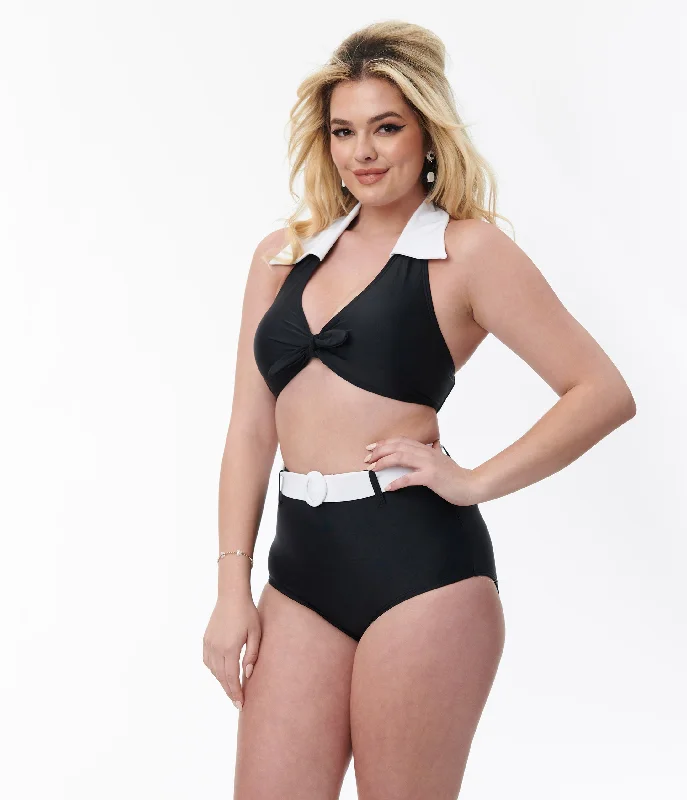 Unique Vintage Black & White Halter Swim Top Tough Women's Military - inspired