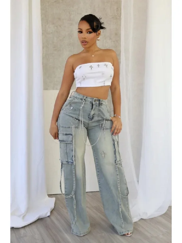 Metal Decor Patchwork High Rise Jeans Cozy Women's Winter