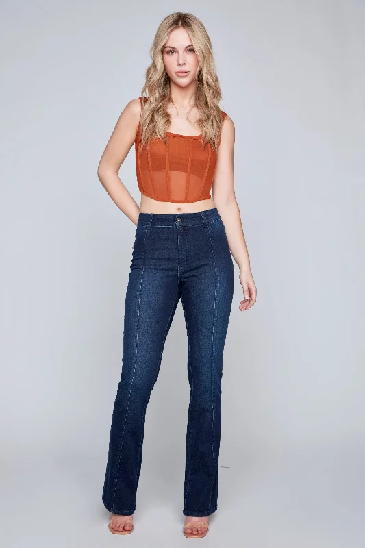 STEVIE - Mid Rise Pintuck Flare Jean - Vintage Dark Indigo Rinse Flex Denim Trendy Women's Oversized STEVIE - Mid Rise Pintuck Flare Jean - Vintage Dark Indigo Rinse Flex Denim Trendy Women's Oversized