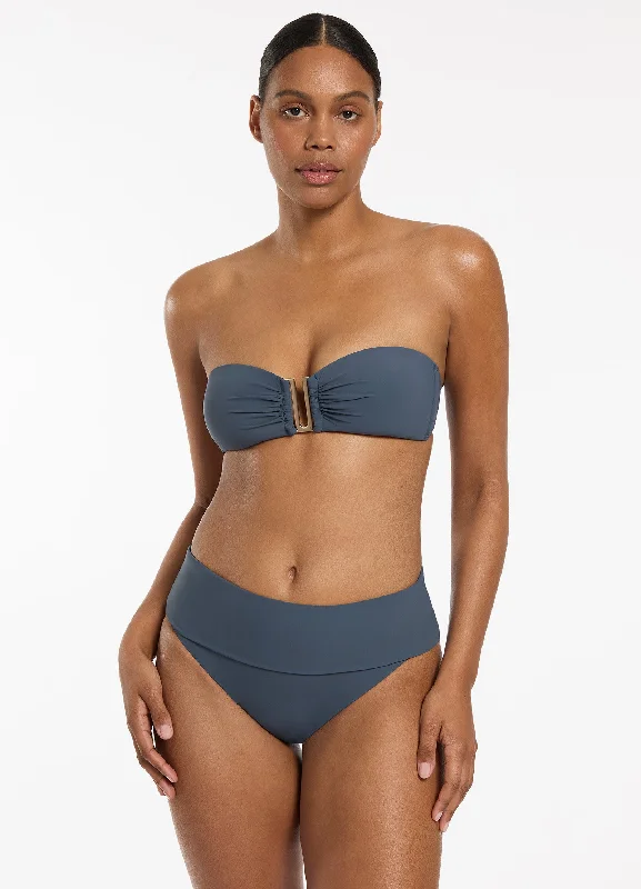 Jetset Fold Down High Waisted Bikini Bottom - Steel Blue Athletic Women's High - 