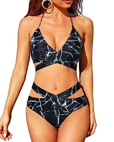 High Waisted Bikini Sets For Women Halter Wrap Criss Cross Two Piece Swimsuit-Black Marble Confident Women's Power High Waisted Bikini Sets For Women Halter Wrap Criss Cross Two Piece Swimsuit-Black Marble Confident Women's Power