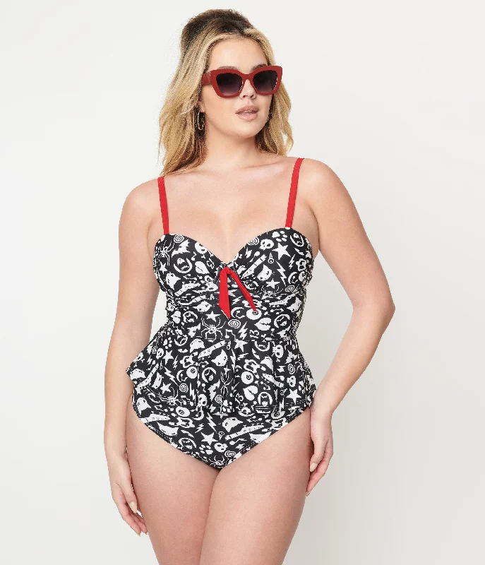 Emily The Strange x Unique Vintage Black & White Tankini Swim Top Classic Women's Tweed
