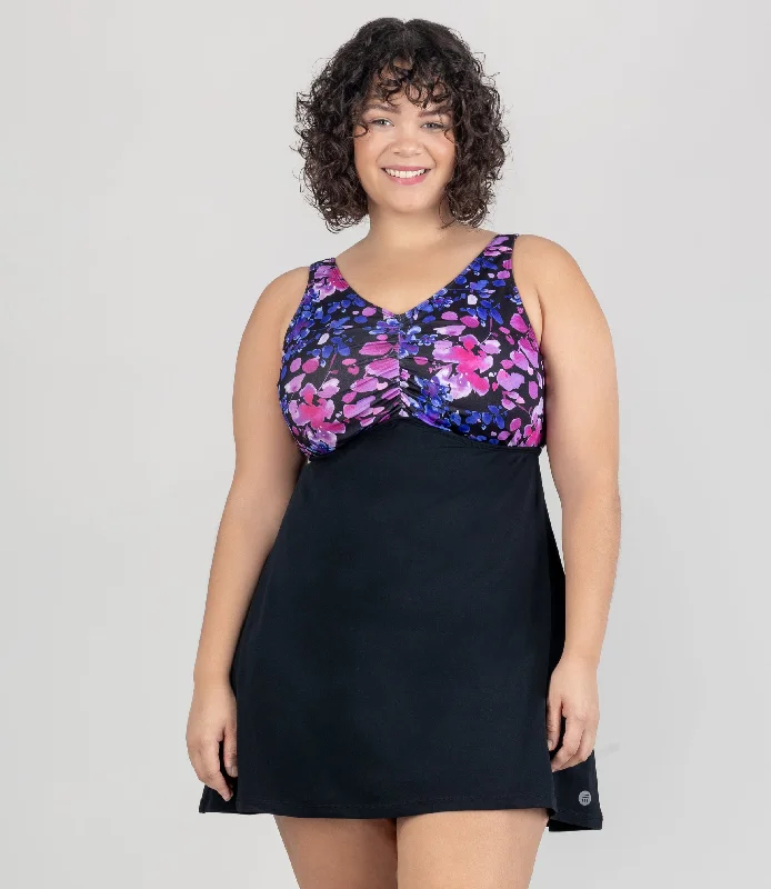AquaSport Shirred Swim Dress Floral Elegance Print Black Petite/Average Practical Women's Quick - dry AquaSport Shirred Swim Dress Floral Elegance Print Black Petite/Average Practical Women's Quick - dry