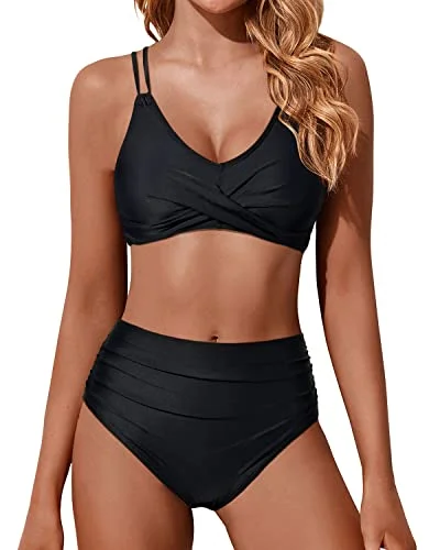 Twist Front High Waisted Bikini Set Two Piece Swimsuits Push Up Wrap Swim Suits-Black Casual Women's Japanese Twist Front High Waisted Bikini Set Two Piece Swimsuits Push Up Wrap Swim Suits-Black Casual Women's Japanese