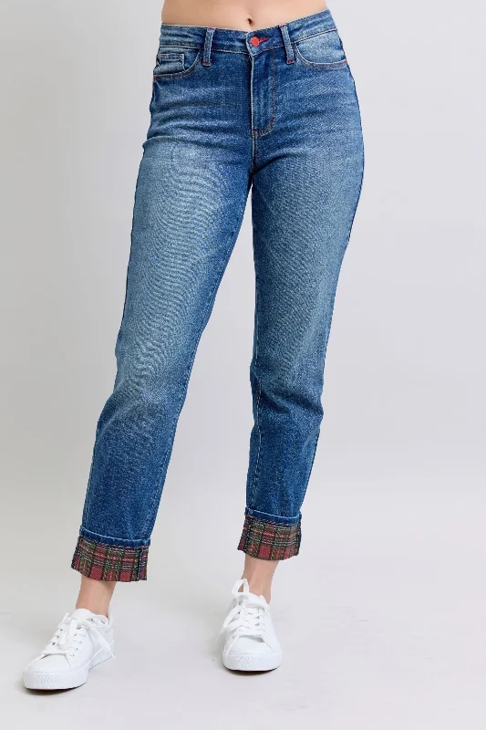 Judy Blue Mid Rise Plaid Print Cuff Boyfriend Denim Jeans 88877 British Gentlewoman Style