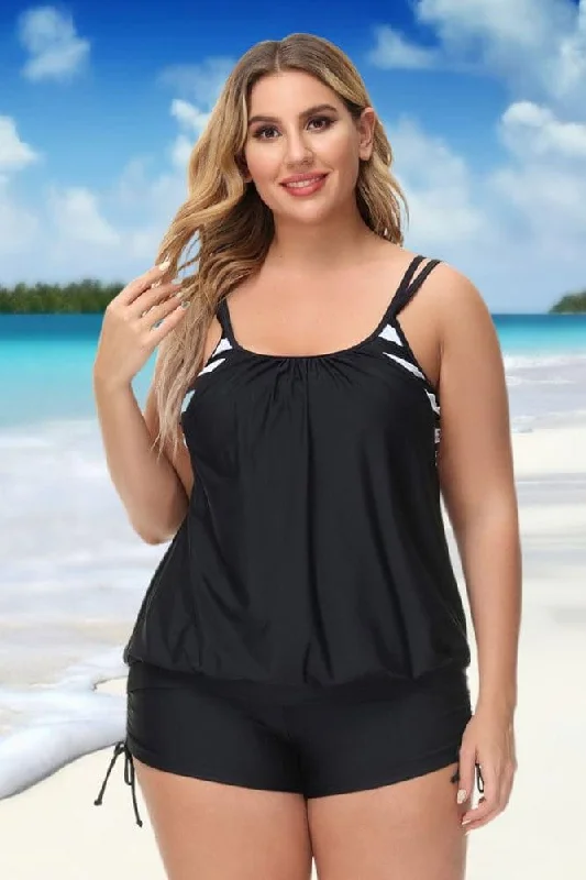 White Striped Separated Padded High Waisted Tankini Set Compression