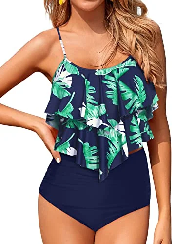 Flowy Ruffle Tankini Tops With High Waisted Bikini Bottoms For Teen Girls-Blue Leaf Trendy Women's Oversized Flowy Ruffle Tankini Tops With High Waisted Bikini Bottoms For Teen Girls-Blue Leaf Trendy Women's Oversized