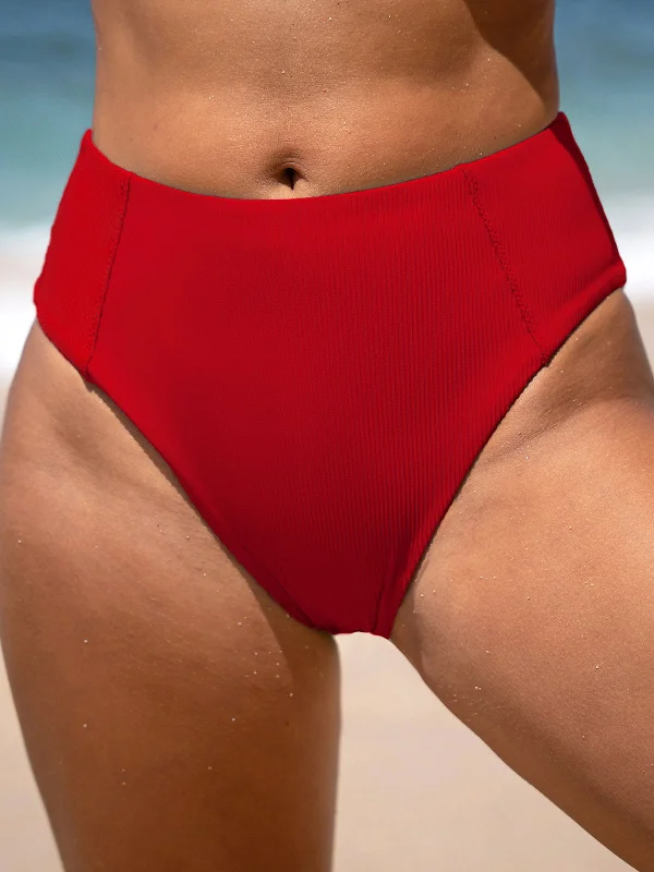 Red Ribbed Seam Full Coverage Bikini Bottom French