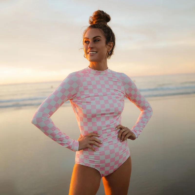 Pink Check Long Sleeve Rash Guard One-Piece Street