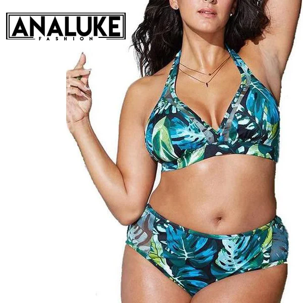 Big Size Printed Leaf Swimwear Classic Women's Pin - striped