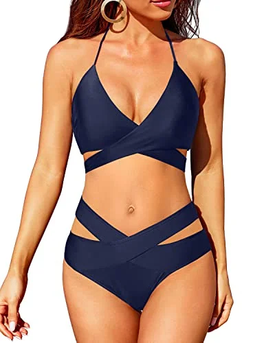 Wrap Bandage Criss Cross Bikini Set High Waisted Push Up Swimsuit-Navy Blue Athletic Women's High - Wrap Bandage Criss Cross Bikini Set High Waisted Push Up Swimsuit-Navy Blue Athletic Women's High -