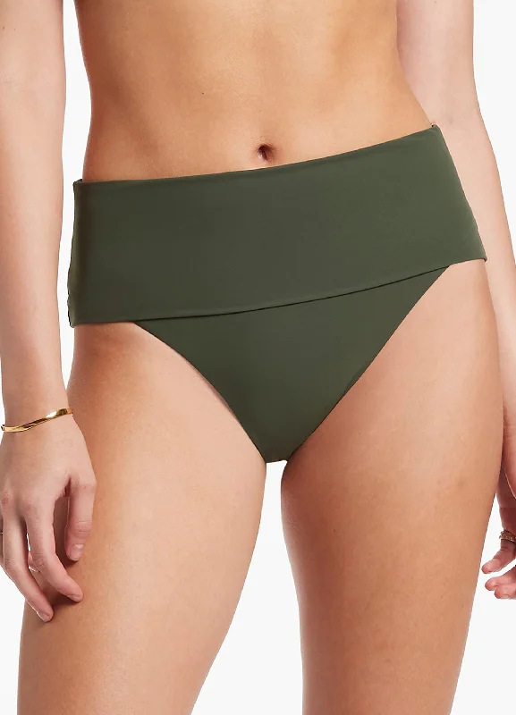 Jetset Fold Down High Waisted Bikini Bottom - Olive Casual Women's Japanese 