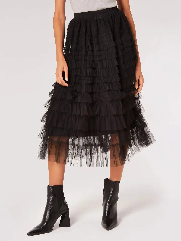 Tulle Layered Midi Skirt In Black Compression
