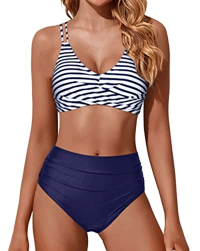 Twist Tie Back High Waisted Bikini Two Piece Swimsuits Push Up Wrap Swim Suits-Blue White Stripe Geometric Twist Tie Back High Waisted Bikini Two Piece Swimsuits Push Up Wrap Swim Suits-Blue White Stripe Geometric