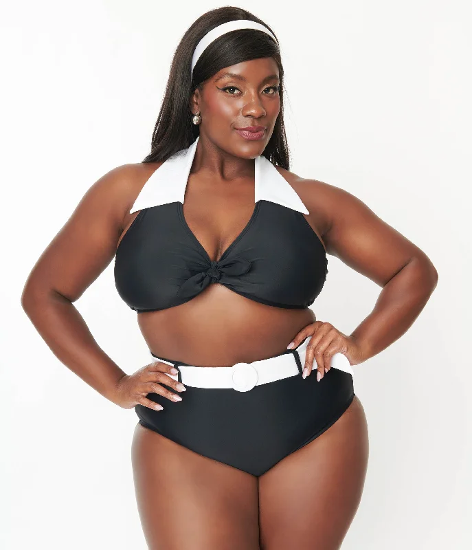 Unique Vintage Plus Size Black & White Halter Swim Top Streetwear Style for 