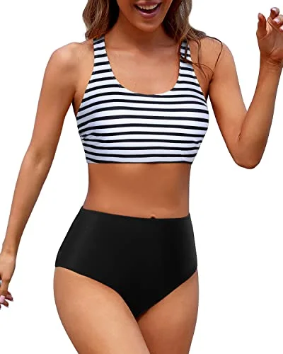 Full Coverage Modest Coverage With Women's Sporty Swimsuit-Black And White Stripe European Full Coverage Modest Coverage With Women's Sporty Swimsuit-Black And White Stripe European