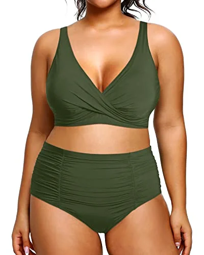 Two Piece Plus Size Swimsuits For Women High Waisted Bikini Tummy Control Bathing Suits-Army Green Monochromatic Office Style Two Piece Plus Size Swimsuits For Women High Waisted Bikini Tummy Control Bathing Suits-Army Green Monochromatic Office Style