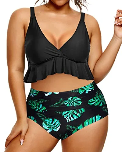 High Rise Flounce Bikini Top And High Waisted Swimsuit Bottom-Black Leaf Modern Women's High Rise Flounce Bikini Top And High Waisted Swimsuit Bottom-Black Leaf Modern Women's
