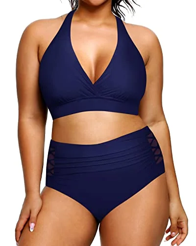 V Neck Two Piece Plus Size Halter Bikini Swimsuits For Tummy Control-Navy Blue performance V Neck Two Piece Plus Size Halter Bikini Swimsuits For Tummy Control-Navy Blue performance