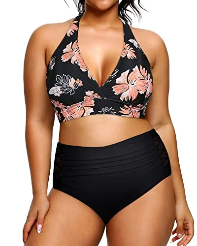 Women's Full Coverage Two Piece Plus Size Bikini Swimsuit-Black Orange Floral French Women's Full Coverage Two Piece Plus Size Bikini Swimsuit-Black Orange Floral French
