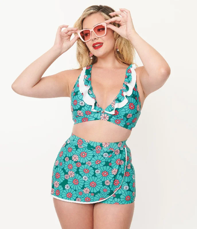 Unique Vintage Teal Flower Child Halter Swim Top Dapper Women's Bow - adorned