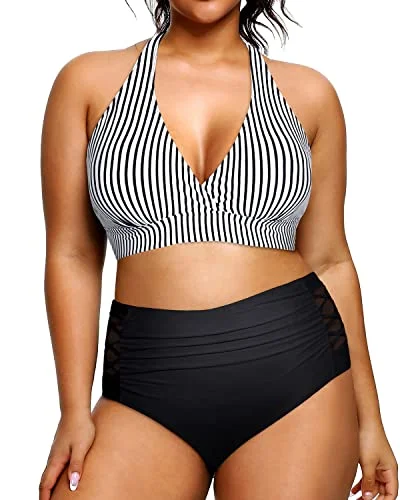 High Waisted Tummy Control Bathing Suits For Plus Size Women-Black And White Stripe Cozy Women's Winter High Waisted Tummy Control Bathing Suits For Plus Size Women-Black And White Stripe Cozy Women's Winter