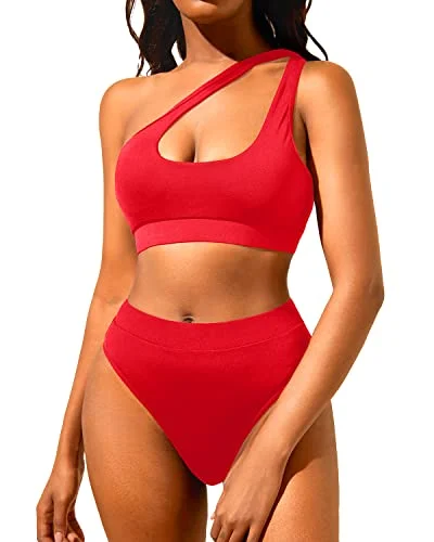 One Shoulder Two Piece Swimsuits Women's High Waisted Bikini Set Contemporary 