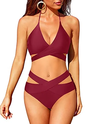 High Waisted Bikini Swimsuit Push Up Halter Wrap Criss Cross 2 Piece Set-Maroon Cozy Women's Winter High Waisted Bikini Swimsuit Push Up Halter Wrap Criss Cross 2 Piece Set-Maroon Cozy Women's Winter