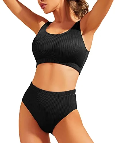 High Waisted Ribbed Bikini Two Piece Bathing Suit For Women-Black Feminine Women's Soft High Waisted Ribbed Bikini Two Piece Bathing Suit For Women-Black Feminine Women's Soft