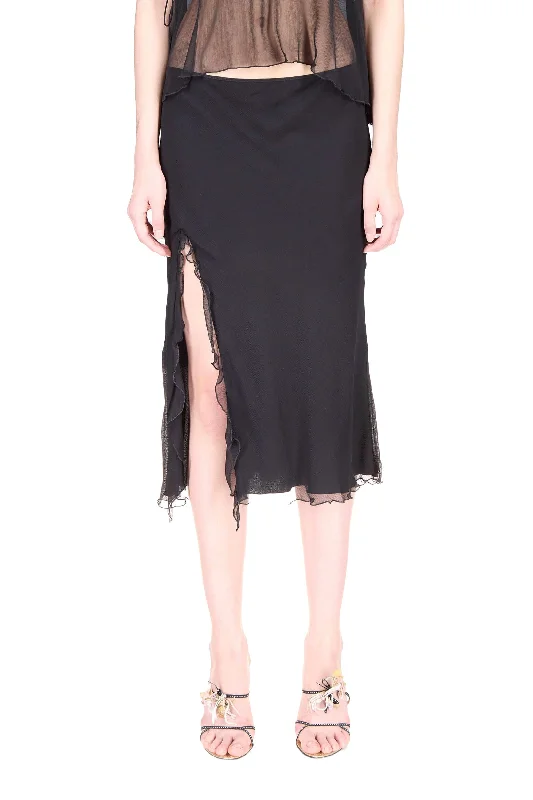 Black Chiffon Ruffled High Slit Skirt Artistic Women's Hand - painted