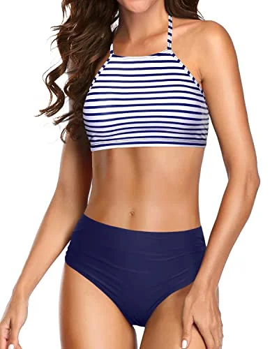Removable Padding Triangle Bikini Sets For Women-Blue White Stripe Minimalist Women's Casual Removable Padding Triangle Bikini Sets For Women-Blue White Stripe Minimalist Women's Casual
