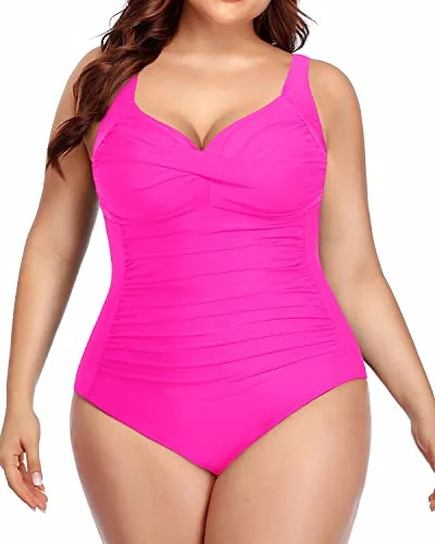 Retro One Piece Bathing Suits Vintage Ruched Cross Swimsuits-Neon Pink Sustainable Organic Retro One Piece Bathing Suits Vintage Ruched Cross Swimsuits-Neon Pink Sustainable Organic