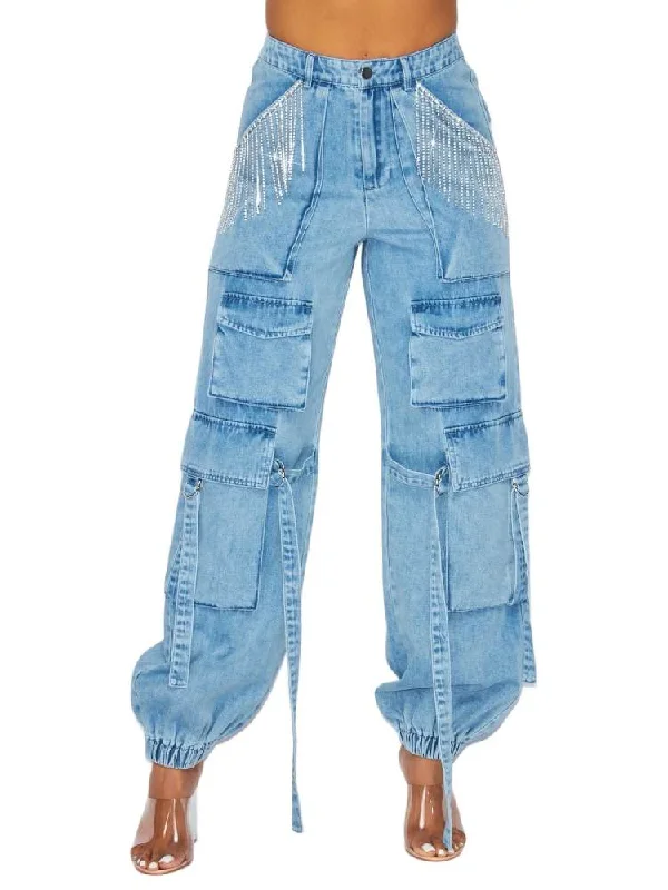 Rhinestone Chain Multi Pocket Cargo Jeans Cashmere