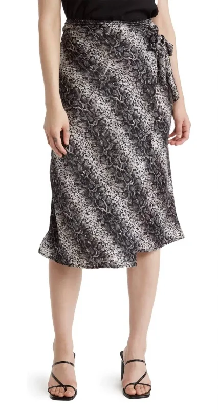 Faux Wrap Snakeskin Print Midi Skirt In Black/white Practical Women's Multi - 