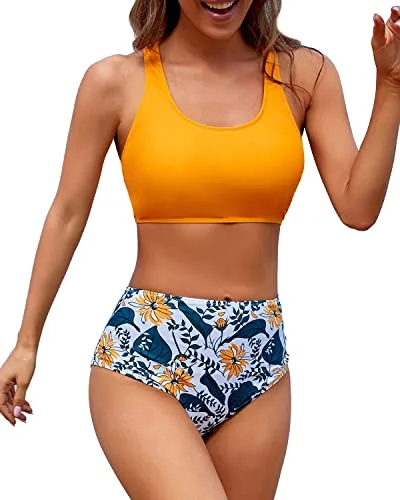 Athletic Women's Bikini Sports Crop Top Swimsuit For Teens-Yellow Floral Street