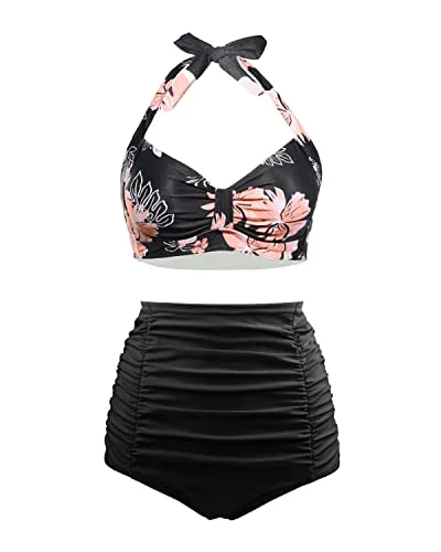 2 Piece Halter Swimsuit Women's Vintage High Waisted Bikini Set with Ruched Youthful Women's Pop 2 Piece Halter Swimsuit Women's Vintage High Waisted Bikini Set with Ruched Youthful Women's Pop