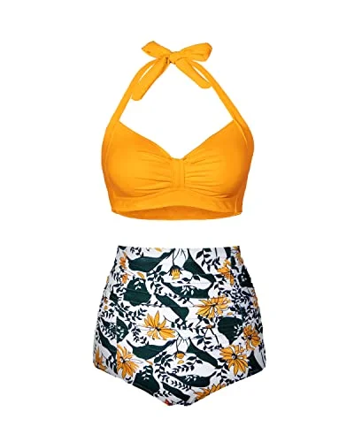 Ruched Twist 50S Style Retro Swimwear High Waisted Bikini Set For Women-Yellow Floral Hip Women's Retro Ruched Twist 50S Style Retro Swimwear High Waisted Bikini Set For Women-Yellow Floral Hip Women's Retro