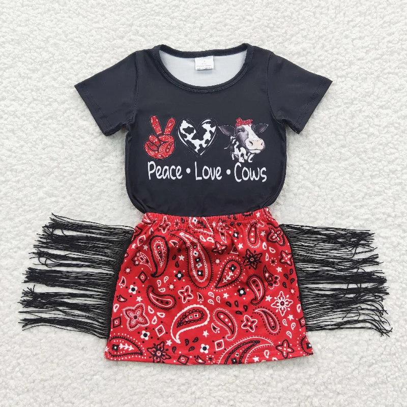 girls black t-shirts tassel skirts sets GSD0302 Relaxed Women's Beachy