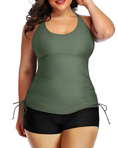Slimming Tankini Set High Waisted Boyshorts Two Piece Ruched Swimsuit-Olive Green Sleek Women's Metallic Slimming Tankini Set High Waisted Boyshorts Two Piece Ruched Swimsuit-Olive Green Sleek Women's Metallic