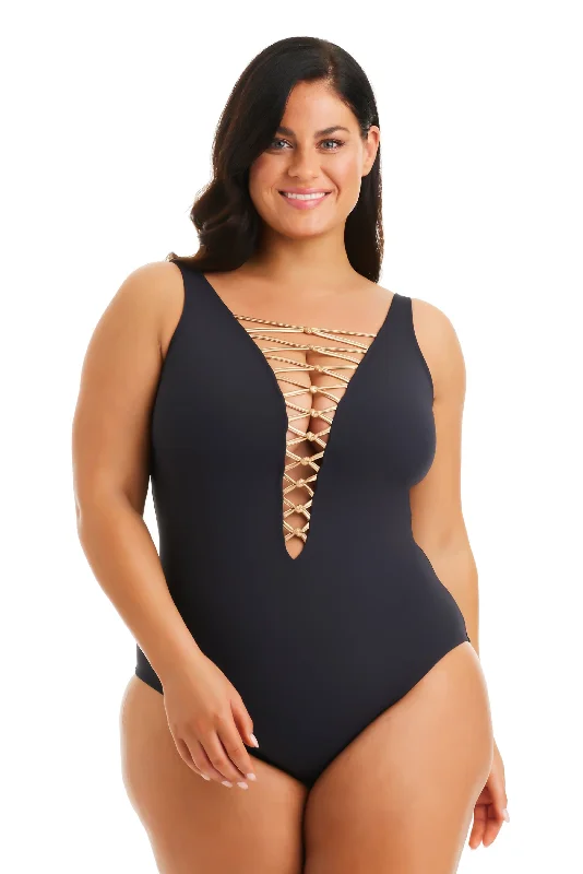 Kore One Piece High Neck Lace Down Swimsuit, Plus Sophisticated Women's Tailored