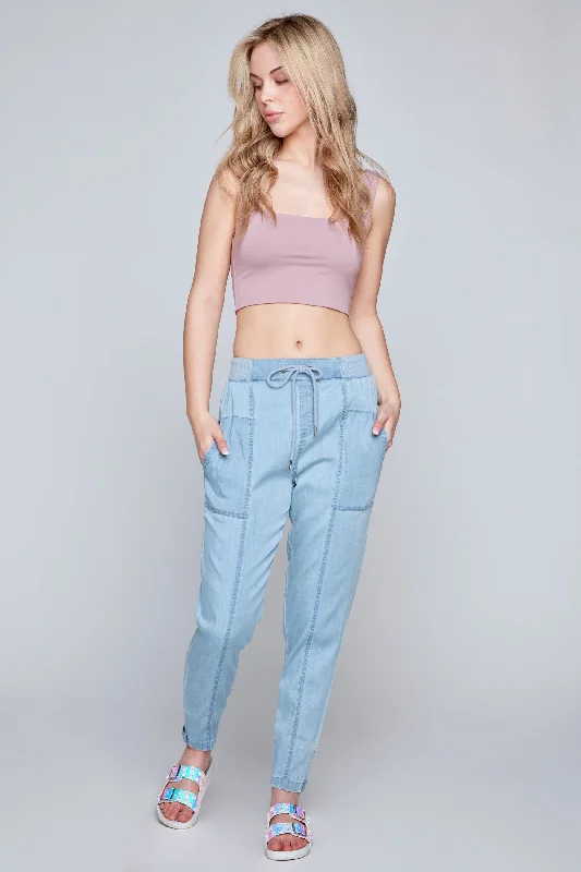 ANDIE - High Rise Lightweight Pull-On Pant - Light Blue Bleach Lyocell Denim Cool Women's Distressed ANDIE - High Rise Lightweight Pull-On Pant - Light Blue Bleach Lyocell Denim Cool Women's Distressed