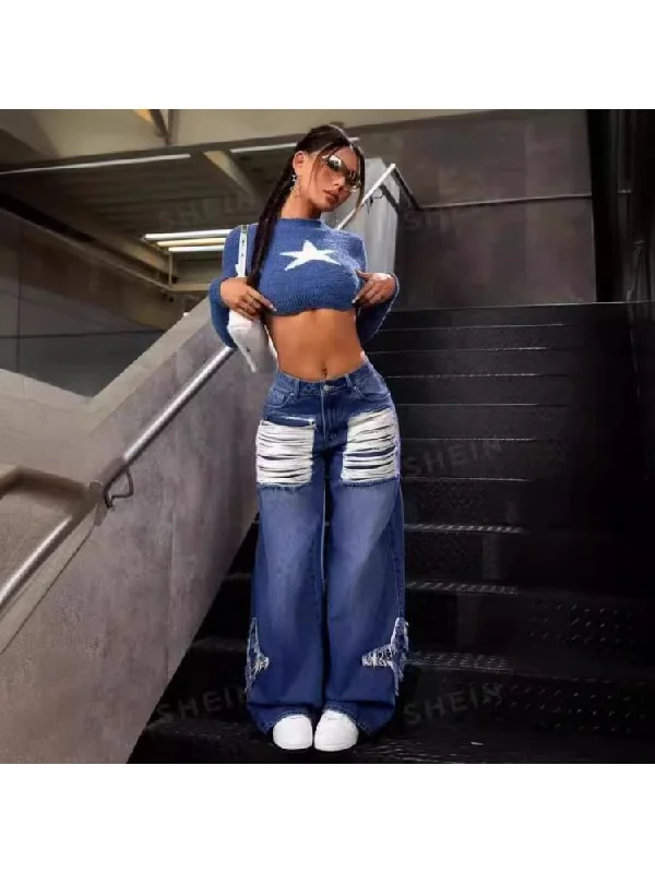 Star Fringe Ripped Raged Hem Wide Leg Jeans Elegant Women's Formal 