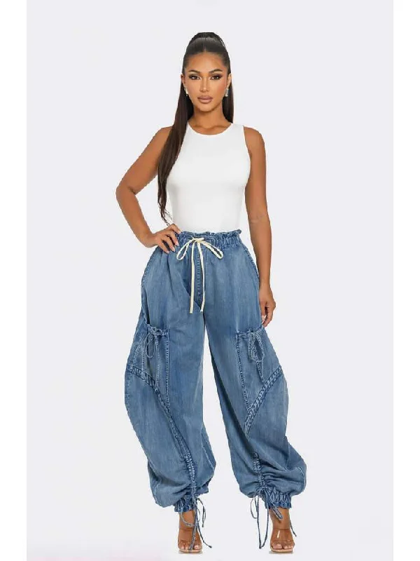 Bow Drawstring Lace-Up Denim Mid-rise Jeans Edgy Women's Punk