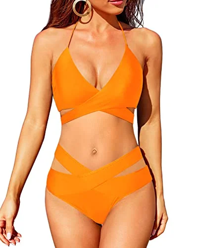 Flattering Removable Padded Bra Bikini With Halter Neck-Orange Artistic Women's Hand - painted
