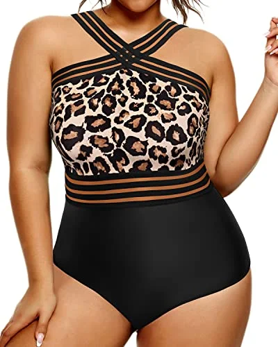 High Waist Full Coverage Monokini Swimsuits For Women Plus Size Swimming Suits-Black And Leopard Modern Women's High Waist Full Coverage Monokini Swimsuits For Women Plus Size Swimming Suits-Black And Leopard Modern Women's