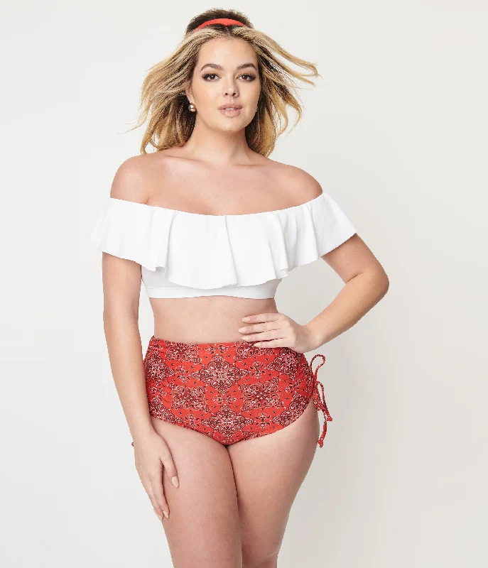 Unique Vintage 1950s White Ruffled Ramona Swim Top Hip Women's Urban